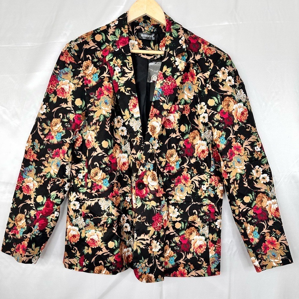 Allegra K Womens XL Floral Blazer Black Cotton Blend One Button Suit Jacket NWT